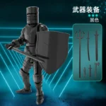 Black poseable knight figure with shield and weapon accessories