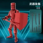 Red poseable knight figure with shield and weapon accessories