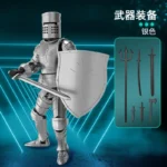 Silver poseable knight figure with shield and weapon accessories
