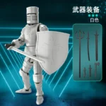 White poseable knight figure with shield and weapon accessories