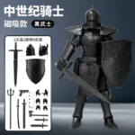 Black medieval knight action figure with weapon and shield accessories