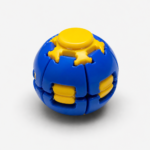 Blue pop and spin fidget toy with yellow buttons