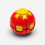 Red pop and spin fidget toy with yellow buttons