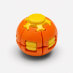 Orange pop and spin fidget toy with yellow buttons
