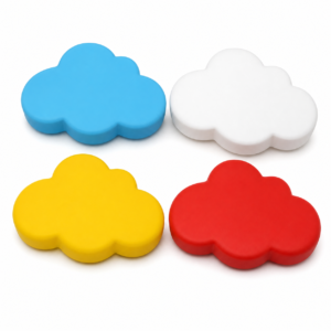 Blue white yellow and red cloud-shaped PU stress balls on a white background