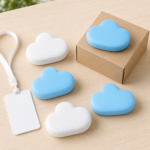 Blue and white cloud-shaped PU stress balls in a promotional giveaway scene