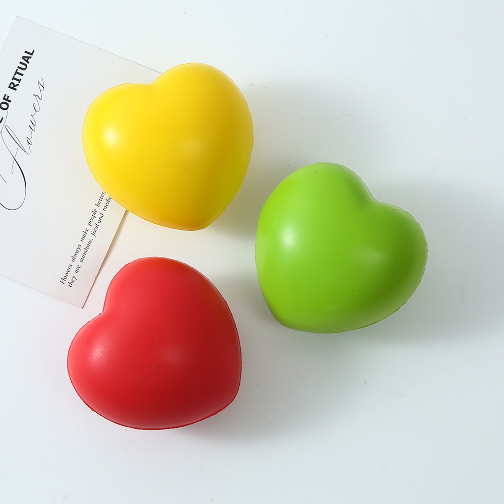 Custom heart-shaped stress balls in red yellow and green