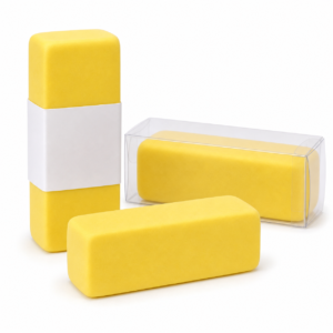 Yellow butter squishy stress toys with blank custom paper sleeve and clear box
