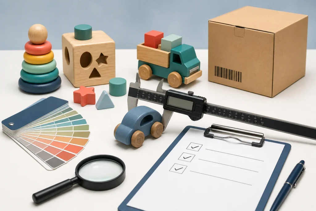 Illustration of toy samples, calipers, packaging and an inspection checklist