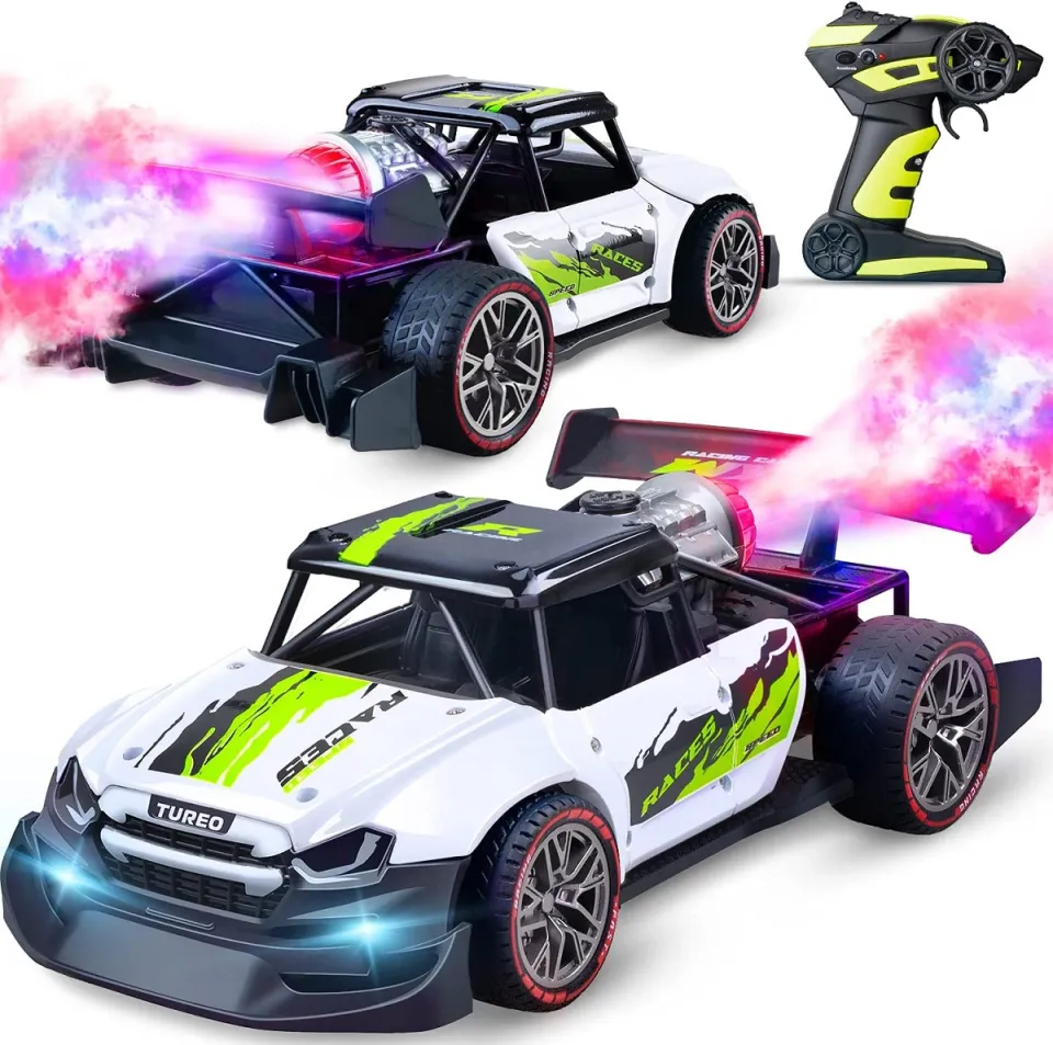 Spray mist RC drift car producing illuminated water-vapor exhaust with remote controller