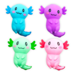 Axolotl squishy toys in blue purple green and pink on white background