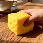 Hand squeezing a yellow cheese block squishy toy