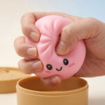 Hand squeezing a pink dumpling squishy toy above steamer packaging