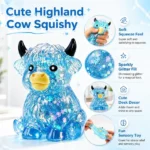 Highland cow squishy toy feature view showing soft squeeze and decorative finish
