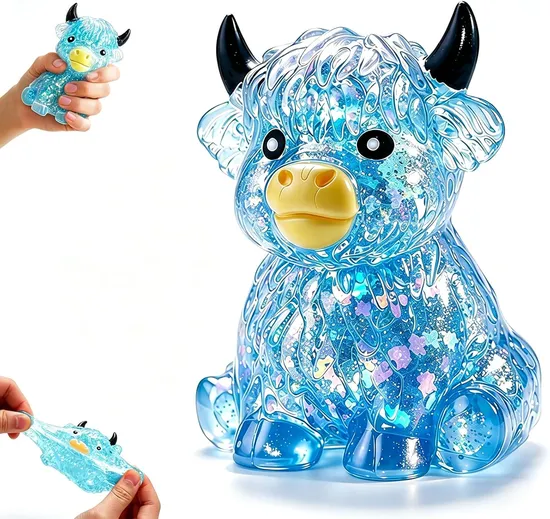 Blue glitter Highland cow squishy toy for wholesale sensory sourcing