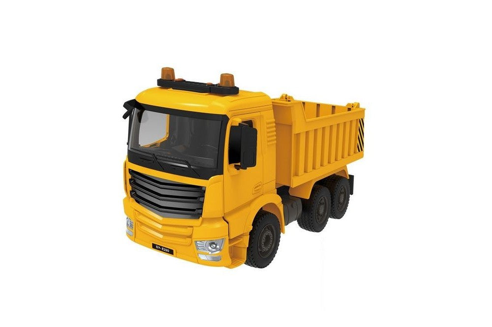 Yellow 1:20 RC dump truck with construction-style body and tipping bed