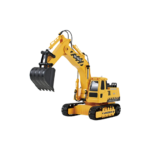 Yellow 1:20 RC excavator with tracked base and articulated bucket