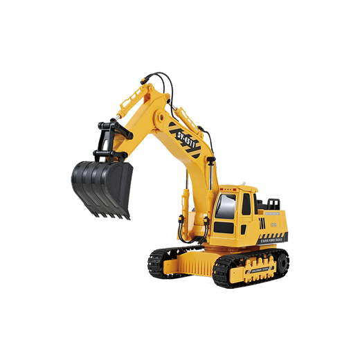 Yellow 1:20 RC excavator with tracked base and articulated bucket