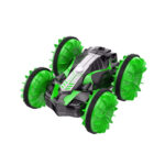 Green and black amphibious RC stunt car with four large paddle wheels on white background