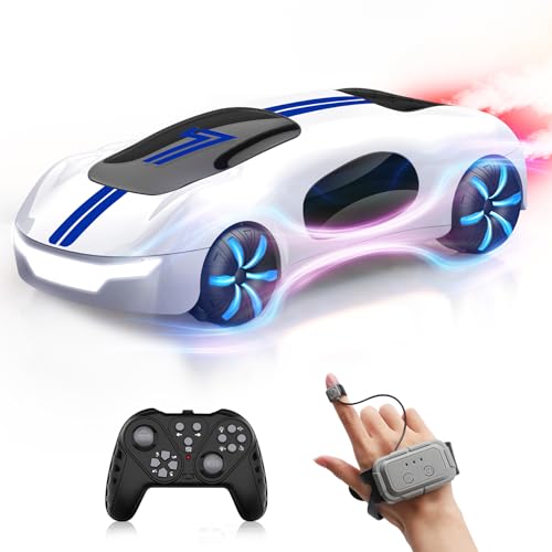 White gesture-control RC stunt car with handheld remote and wrist controller