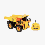 RC dump truck with handheld remote controller on white background