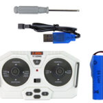 RC excavator dual-joystick controller charging cable and battery reference
