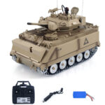 Tracked RC tank shown with remote controller, rechargeable battery and USB charging cable