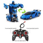 Remote control transforming car shown in sports-car and robot modes with one-key transformation controller