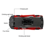 Underside of wall-climbing RC car showing floor mode, wall mode, charging jack and suction mechanism