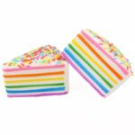 Two rainbow cake slice squishy toys on white background
