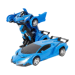 Blue remote control sports car transforming into a robot on a white background